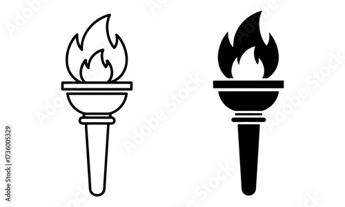 Vector of a fire torch icon in outline and solid black. A symbol of inspiration and knowledge
