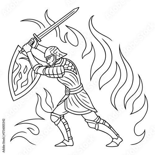 A brave knight in full armor wielding a sword and shield surrounded by stylized flames ready for battle