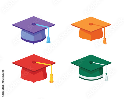 Four colorful academic graduation caps with tassels in purple orange red and green arranged in a grid on a white background