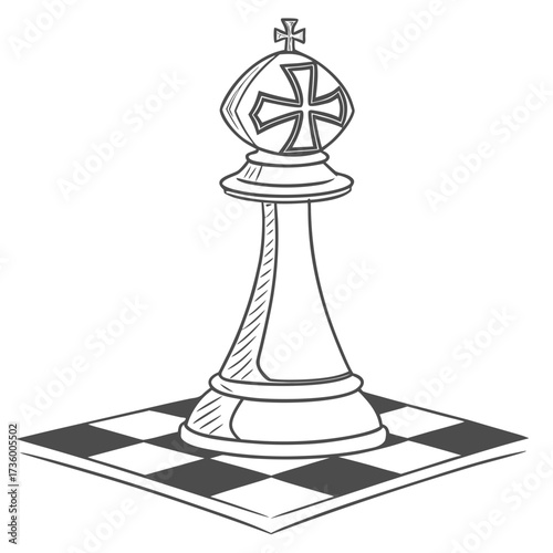 A hand drawn sketch of a chess bishop piece standing on a chessboard isolated on a white background representing strategy and intellect