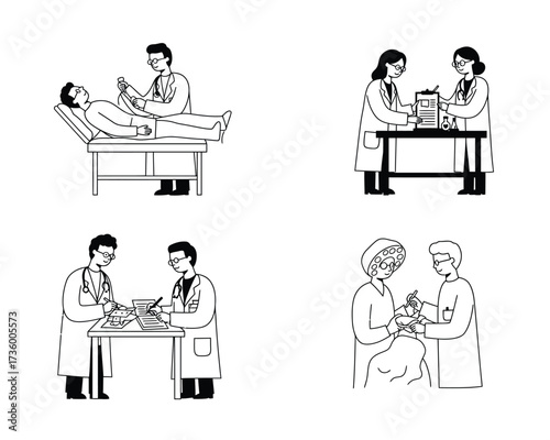 Four hand drawn medical illustrations depicting doctors and nurses caring for patients in various healthcare settings and procedures