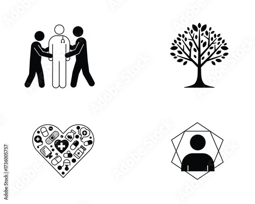 Four distinct black and white graphic icons representing healthcare support growth well being and community in a clean modern design