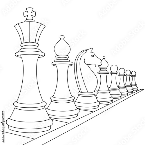 A line of classic chess pieces including a king bishop knight and pawns drawn in a simple clean outline style on a white background
