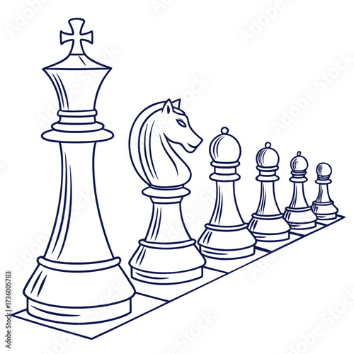 A line of stylized chess pieces including a king knight bishop and pawns marching forward in a strategic formation on a chessboard