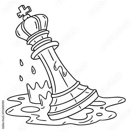A melting king chess piece in a puddle of liquid with drops falling representing defeat or loss of power