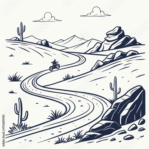 A lone motorcyclist rides on a winding dirt road through a stylized desert landscape with cacti and mountains under a cloudy sky