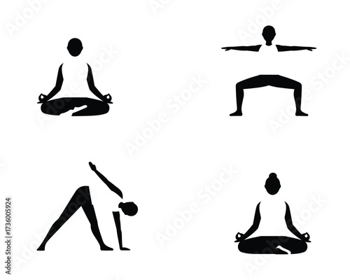 Collection of four silhouette yoga poses representing meditation and physical fitness in a clean minimalist style