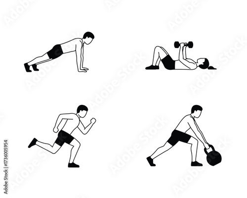 Four diverse fitness exercises depicted in a simple black and white line art illustration for a healthy lifestyle concept