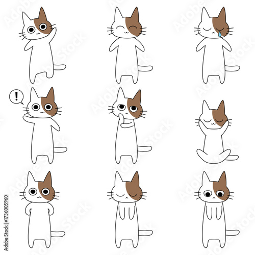 色々な感情とポーズの猫セットイラスト、ハチワレ模様の白い猫キャラクター