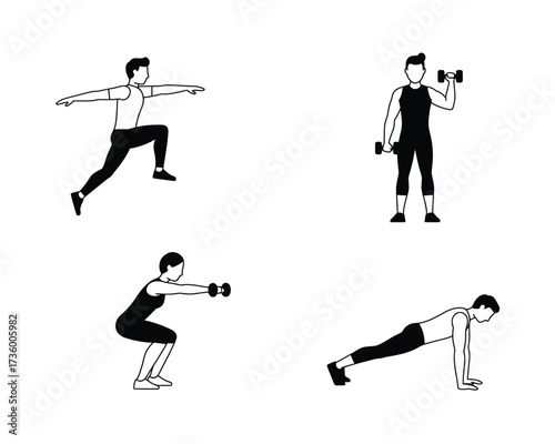 Four distinct fitness exercises demonstrated by silhouetted figures including a jumping lunge bicep curl squat with dumbbells and a plank