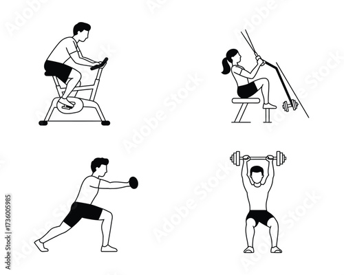 Four hand drawn illustrations depicting different fitness exercises including cycling weightlifting and boxing for health and wellness concepts