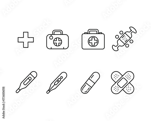 Collection of hand drawn medical icons featuring a cross first aid kit thermometer bandages and candy for healthcare and wellness concepts