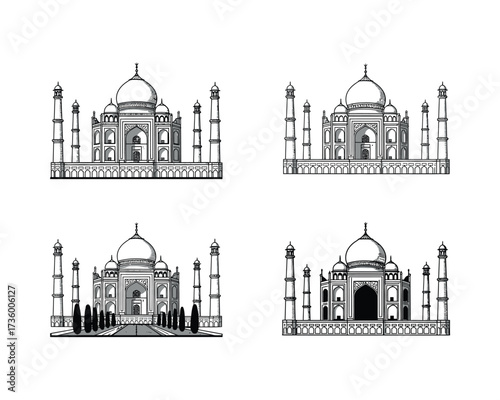 Collection of four hand drawn sketch illustrations of the iconic taj mahal monument in agra india