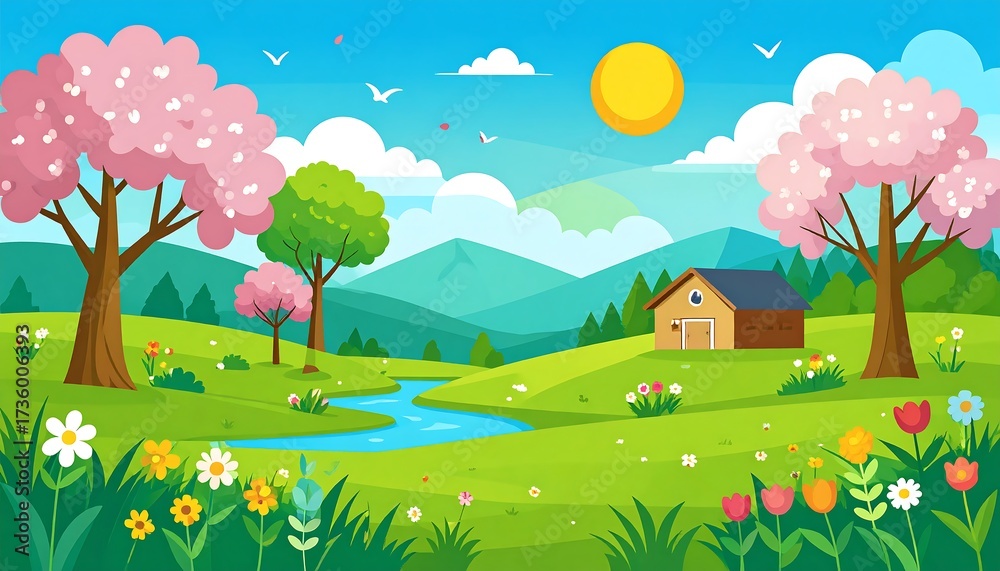 Fototapeta premium Springtime rural landscape with flowering trees