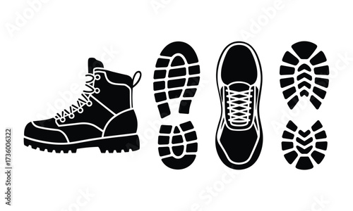 Black silhouette of a hiking boot and three different shoe sole prints vector illustration