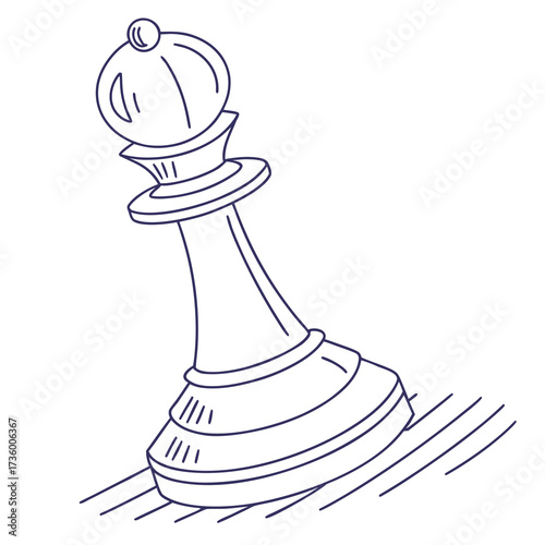 A simple hand drawn outline of a white chess bishop piece standing on a wooden chessboard with a white background
