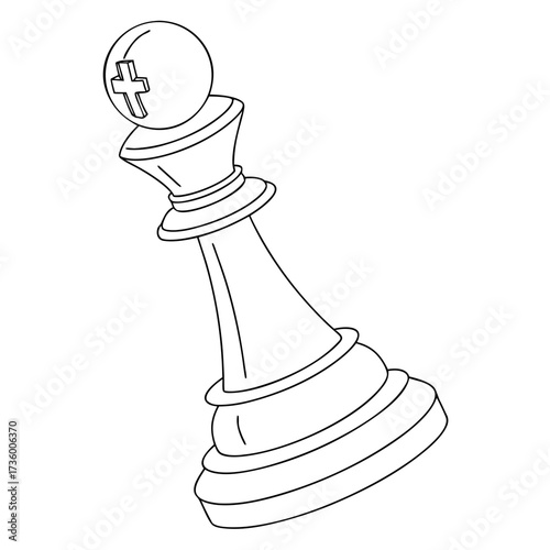 A simple black and white line drawing of a chess pawn piece with a cross symbol on its head isolated on a white background