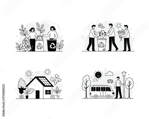 Illustrations depicting environmental conservation efforts including recycling sustainable living and eco friendly transportation for a greener planet