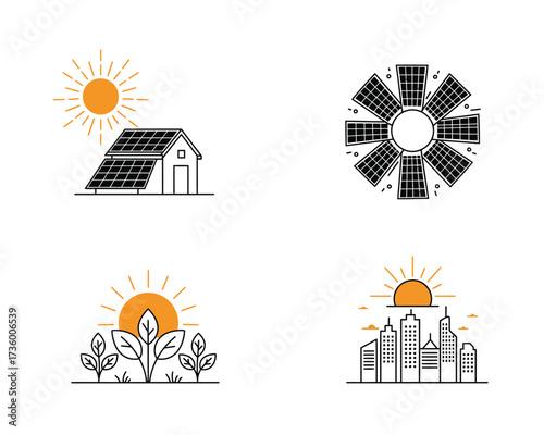 Illustrations of renewable energy sources including solar panels on a house and cityscape with sun and nature elements