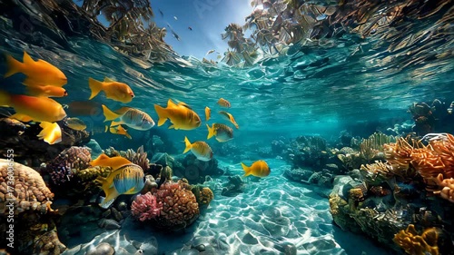 Colorful fish swim among vibrant coral reefs in crystal clear waters of a tropical paradise