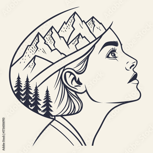 A woman s profile with a mountain landscape and pine trees inside her head symbolizing nature and inner thoughts