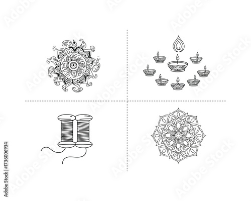 Intricate black and white line art illustrations of decorative elements including a crest candelabra spool of thread and mandala pattern