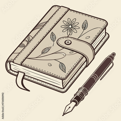 A vintage style notebook with a floral design and a classic fountain pen resting beside it on a light background