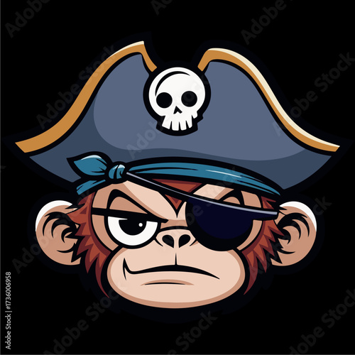 A cartoon monkey with a pirate hat and eye patch, looking sternly at the viewer.
