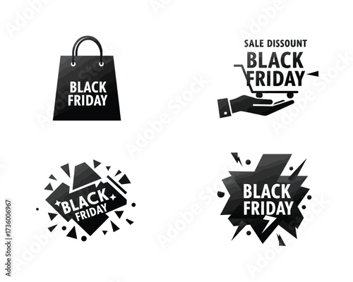 Collection of four black and white graphic icons representing black friday shopping promotions and sale events