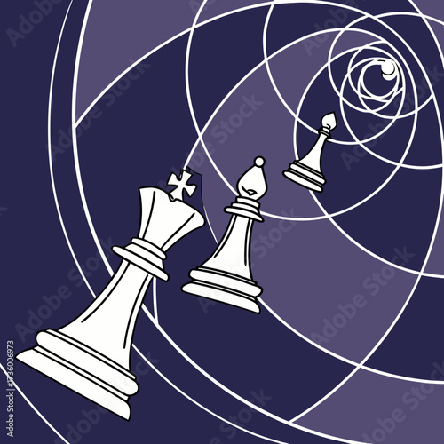 Abstract visualization of a chess game with a king bishop and pawn against a swirling vortex background in shades of purple and white