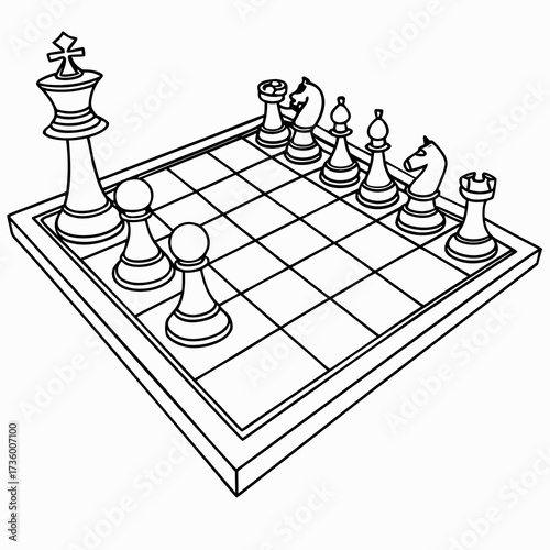 Black and white line drawing of a chess board with pieces set up for a game viewed from a low angle perspective