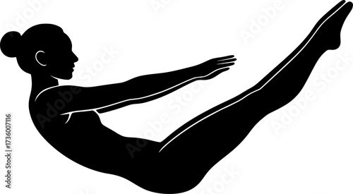 Black and white silhouette of acrobat holding hollow body pose, vector design perfect for gymnastics posters, fitness illustrations, and dynamic stock graphics