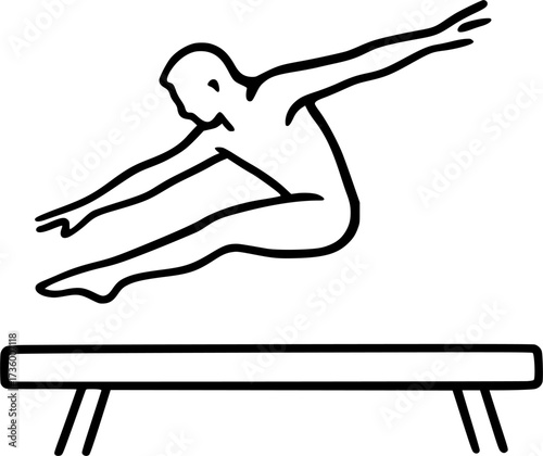 Black and white contour of acrobat jumping off beam, vector design perfect for gymnastics posters, acrobatics illustrations, sports icons, and dynamic stock graphics