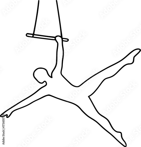 Black and white outline of acrobat flying from trapeze, minimal vector design perfect for circus posters, acrobatics illustrations, aerial stunts, and dynamic stock graphics