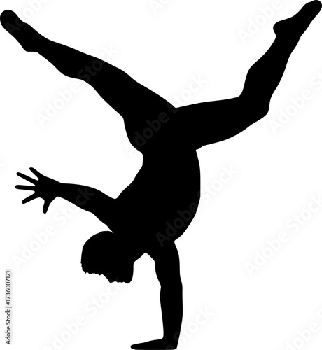 Black and white silhouette of a handstand on one arm, vector design perfect for gymnastics posters, calisthenics illustrations, fitness icons, and dynamic stock graphics