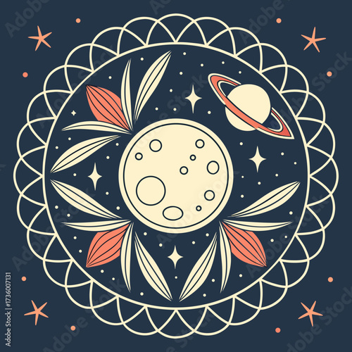 Celestial mandala featuring a moon and planet saturn surrounded by stars and botanical elements on a dark blue background