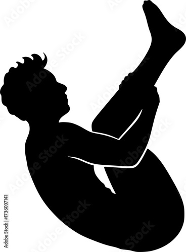 Black and white silhouette of acrobat performing double twist, vector design perfect for gymnastics posters, acrobatics illustrations, sports icons, and dynamic stock graphics