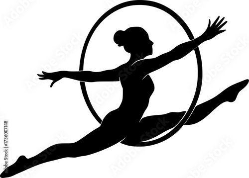 Black and white silhouette of acrobat jumping through hoop, vector design perfect for gymnastics posters, circus illustrations, performance icons, and dynamic stock graphics