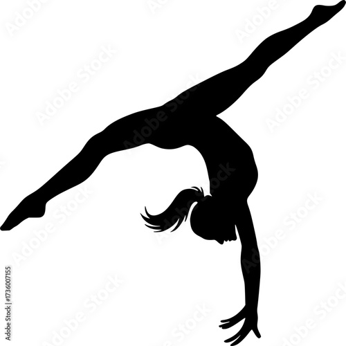 Black and white silhouette of acrobat performing front handspring, vector design perfect for gymnastics posters, acrobatics illustrations, sports icons, and dynamic stock graphics