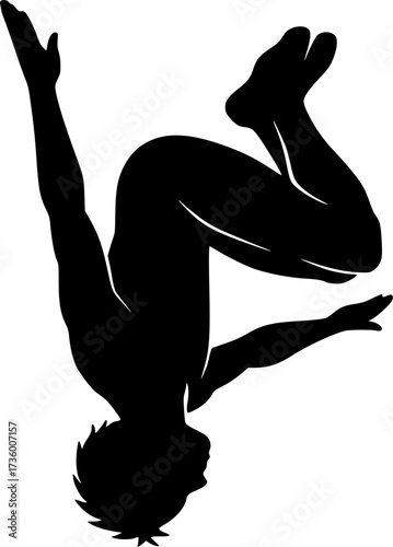Black and white silhouette of acrobat performing double twist, vector design perfect for gymnastics posters, acrobatics illustrations, sports icons, and dynamic stock graphics