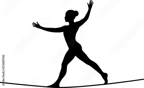 Black and white silhouette of acrobat walking on tightrope, vector design perfect for circus posters, acrobatics illustrations, performance icons, and dynamic stock graphics