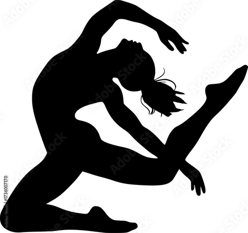 Black and white silhouette of acrobat twisting in air, minimal vector design perfect for gymnastics posters, acrobatics illustrations, sports icons, and dynamic stock graphics