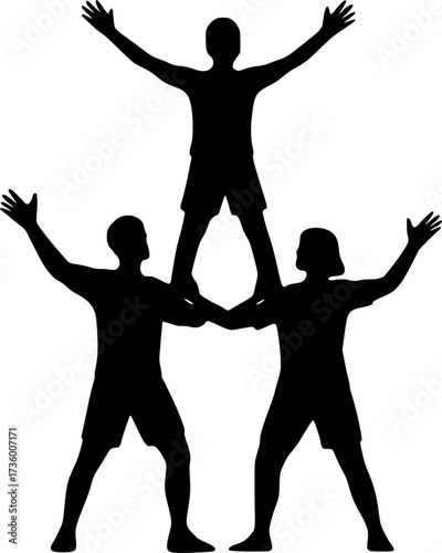 Black and white silhouette of trio human pyramid, vector design perfect for acrobatics posters, circus illustrations, teamwork icons, and dynamic stock graphics