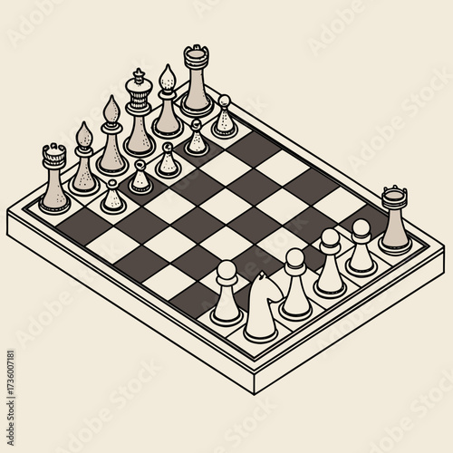 Classic isometric view of a chess board with pieces set up for a game in a simple hand drawn style