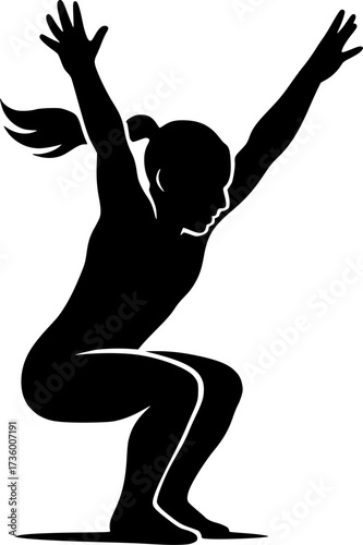 Minimal silhouette of acrobat landing from dismount, vector design perfect for gymnastics posters, acrobatics illustrations, sports icons, and dynamic stock graphics