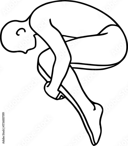 Minimal contour drawing of acrobat in mid front tuck, vector design perfect for gymnastics posters, acrobatics illustrations, sports icons, and dynamic stock graphics