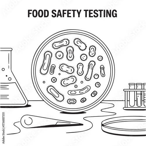 Line art illustration of food safety testing with bacteria in a petri dish, test tubes, and lab equipment.