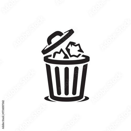 A black and white illustration of a trash can overflowing with crumpled paper.