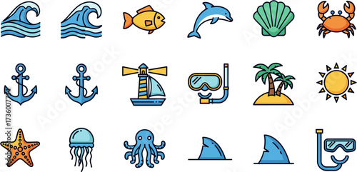 Colorful Flat Isolated Marine Life Object and Summer Elements Collection