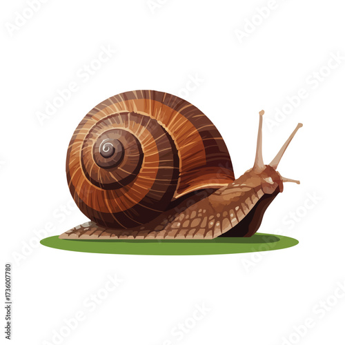 Brown Snail with Swirling Shell on Green Grass.